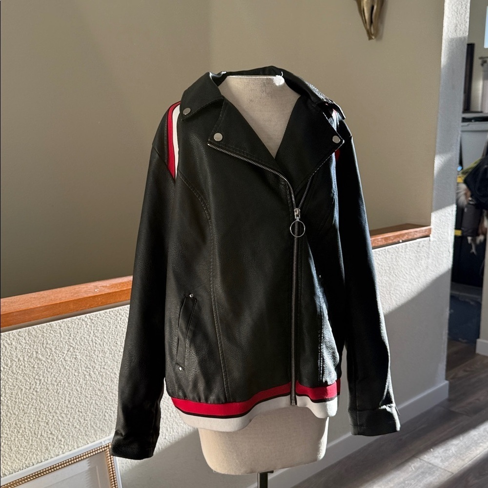 INC Black Leather Jacket size 1X red and white stripes